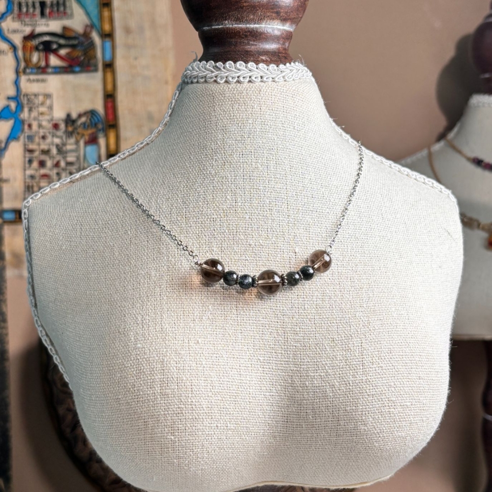不銹鋼茶晶+沼澤藍晶石 設計微笑鍊 45+5CM