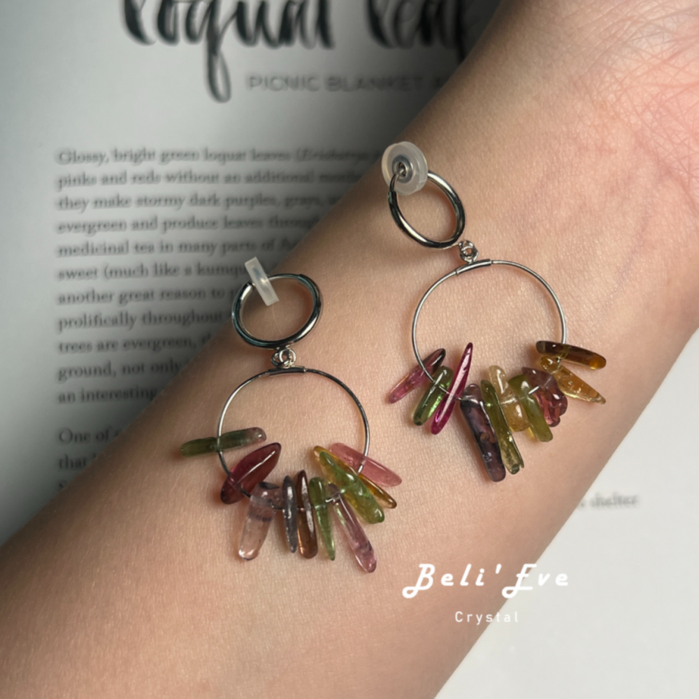 財富寶石隨形碧璽 圈圈造型 純銀耳環