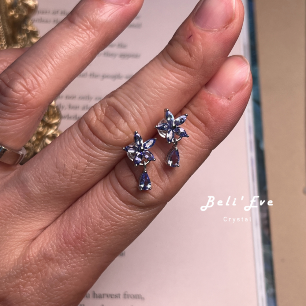 寶石鑲嵌 坦桑石耳環 花花造型 不銹鋼耳環