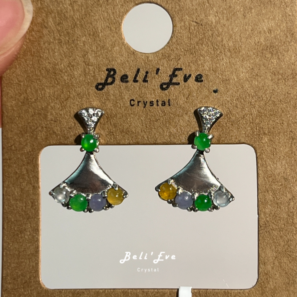 『四色翡翠』春彩純銀鑲嵌 高冰濃色純銀耳環  特惠 天然緬甸翡翠A貨 陽綠 黃 紫 白冰