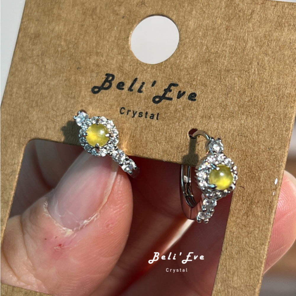 『冰黃翡翠』純銀鑲嵌耳環 天然緬甸翡翠A貨 冰黃 耳扣