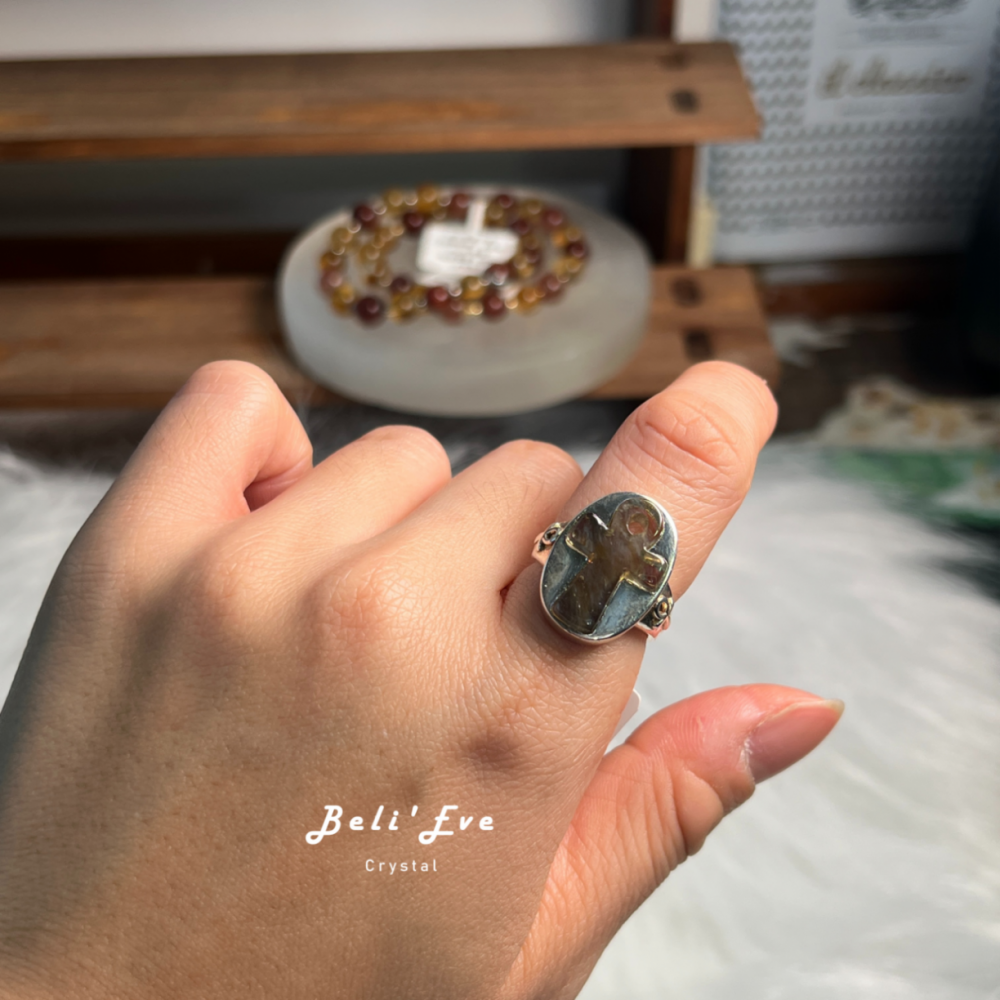 『重工設計』利比亞黃金隕石 黑金藍針安卡 純銀鑲嵌安卡 可調整戒指 