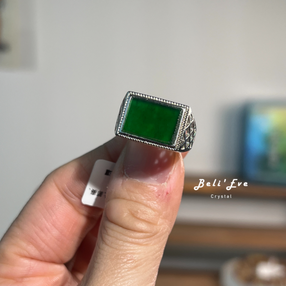 『可調戒指』緬甸翡翠 油青 純銀鑲嵌 一刀切厚實非薄款 男女戒