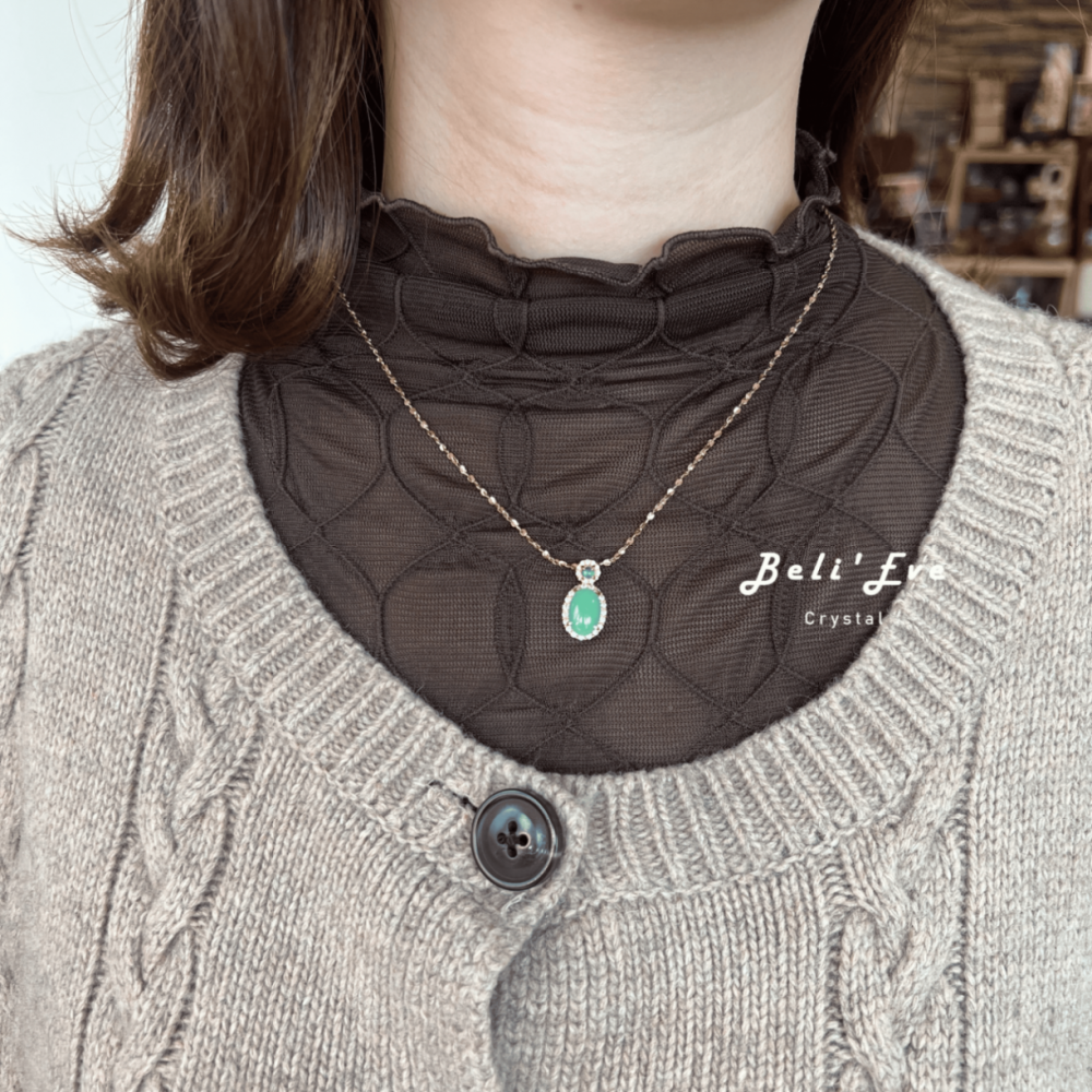 『緬甸翡翠』甜豆色 翡翠蛋面8+MM +瓜地馬拉藍水翡翠 純銀鑲嵌項鍊 天然A貨