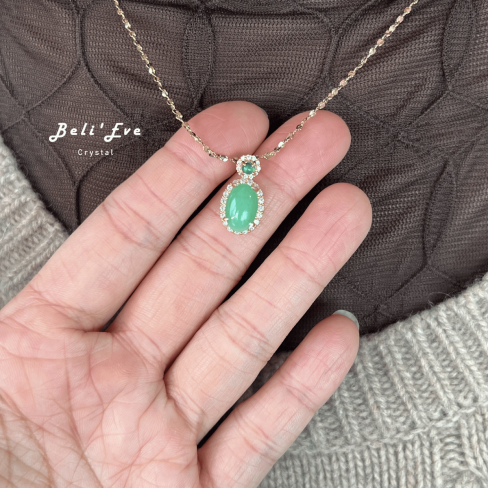 『緬甸翡翠』甜豆色 翡翠蛋面8+MM +瓜地馬拉藍水翡翠 純銀鑲嵌項鍊 天然A貨