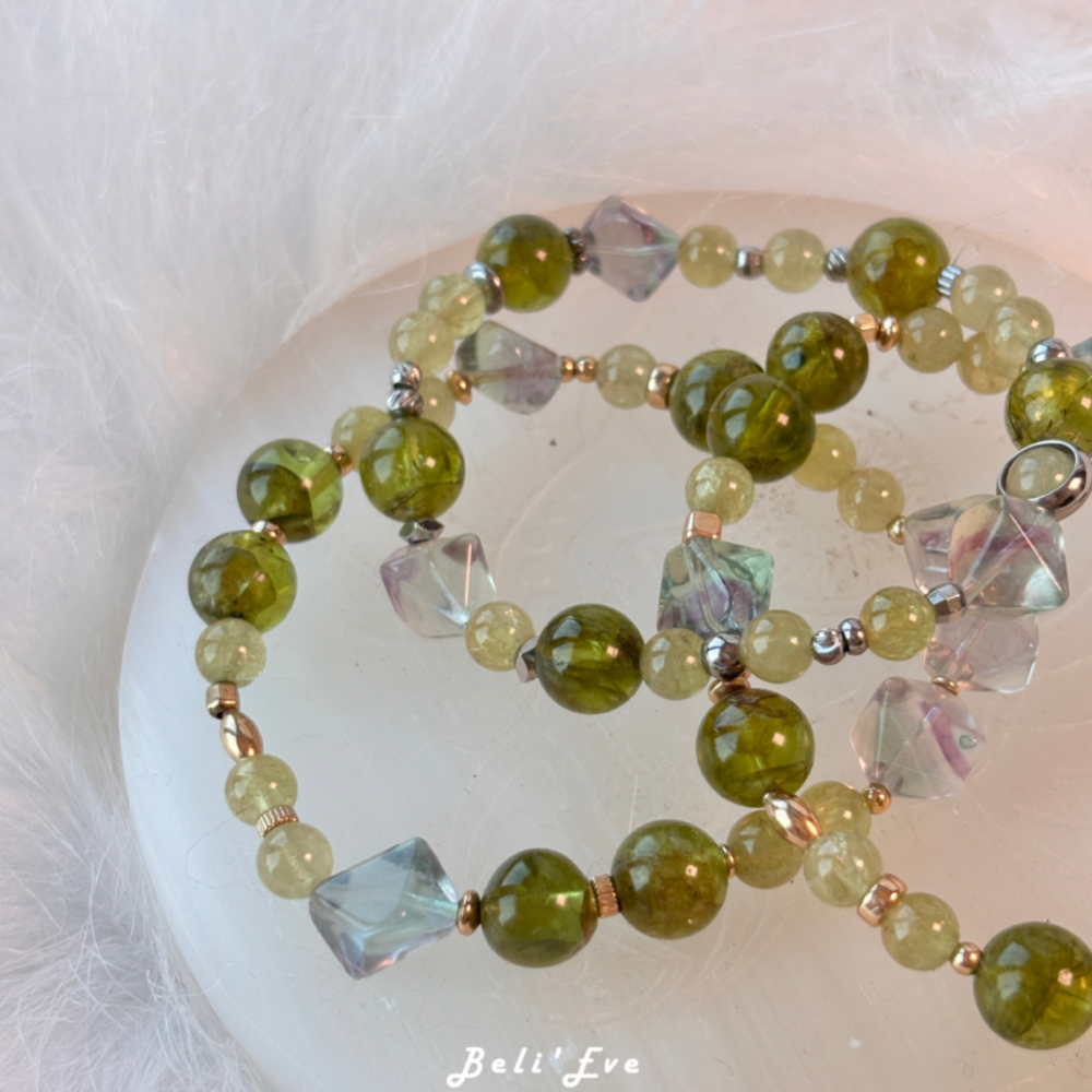 『三倍身體恢復』橄欖石+沙弗萊石榴石+原礦打磨螢石 體力恢復 學習加倍 健康寶石 6-9MM混搭設計