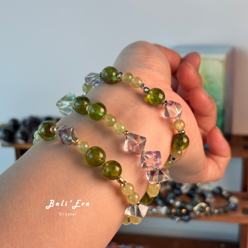 『三倍身體恢復』橄欖石+沙弗萊石榴石+原礦打磨螢石 體力恢復 學習加倍 健康寶石 6-9MM混搭設計