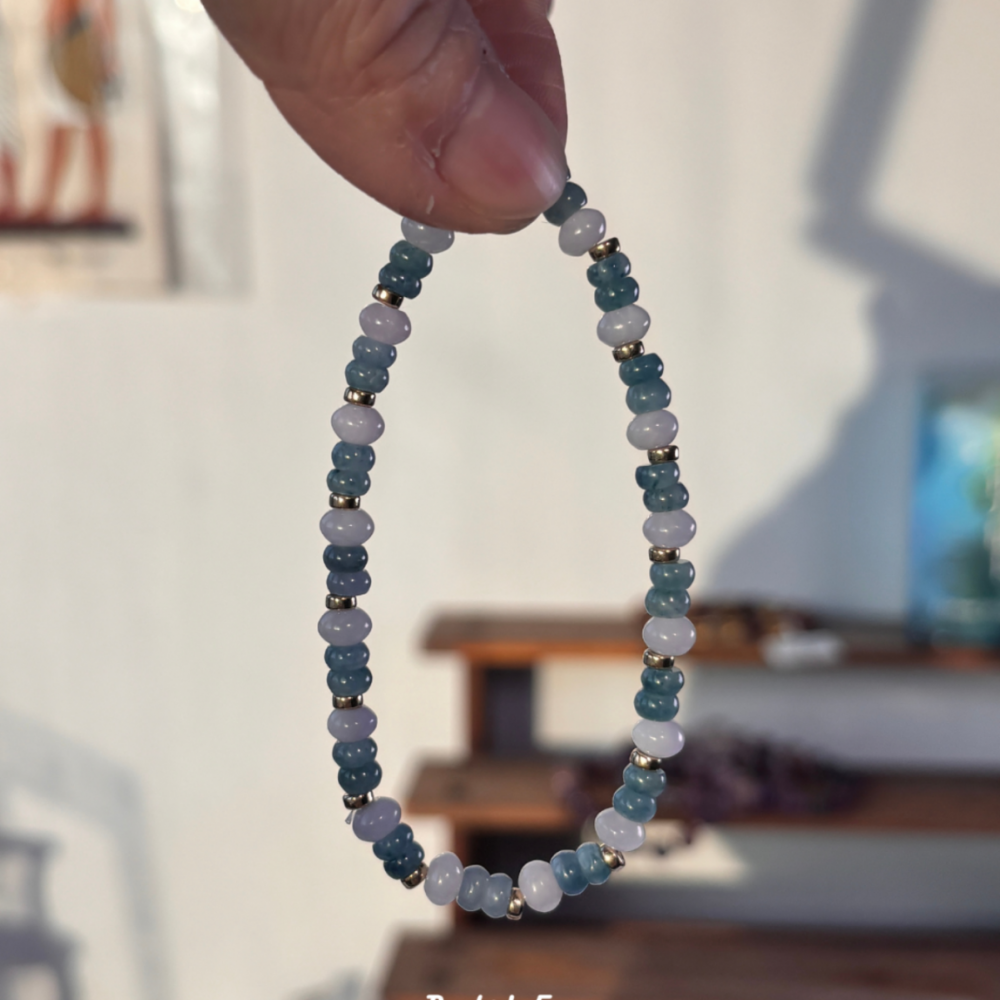 『牛仔藍翡翠』MAX級別 +粉紫翡翠 糯冰盤珠 緬甸產地 飄花翡翠 鈦/錳元素 美國注金