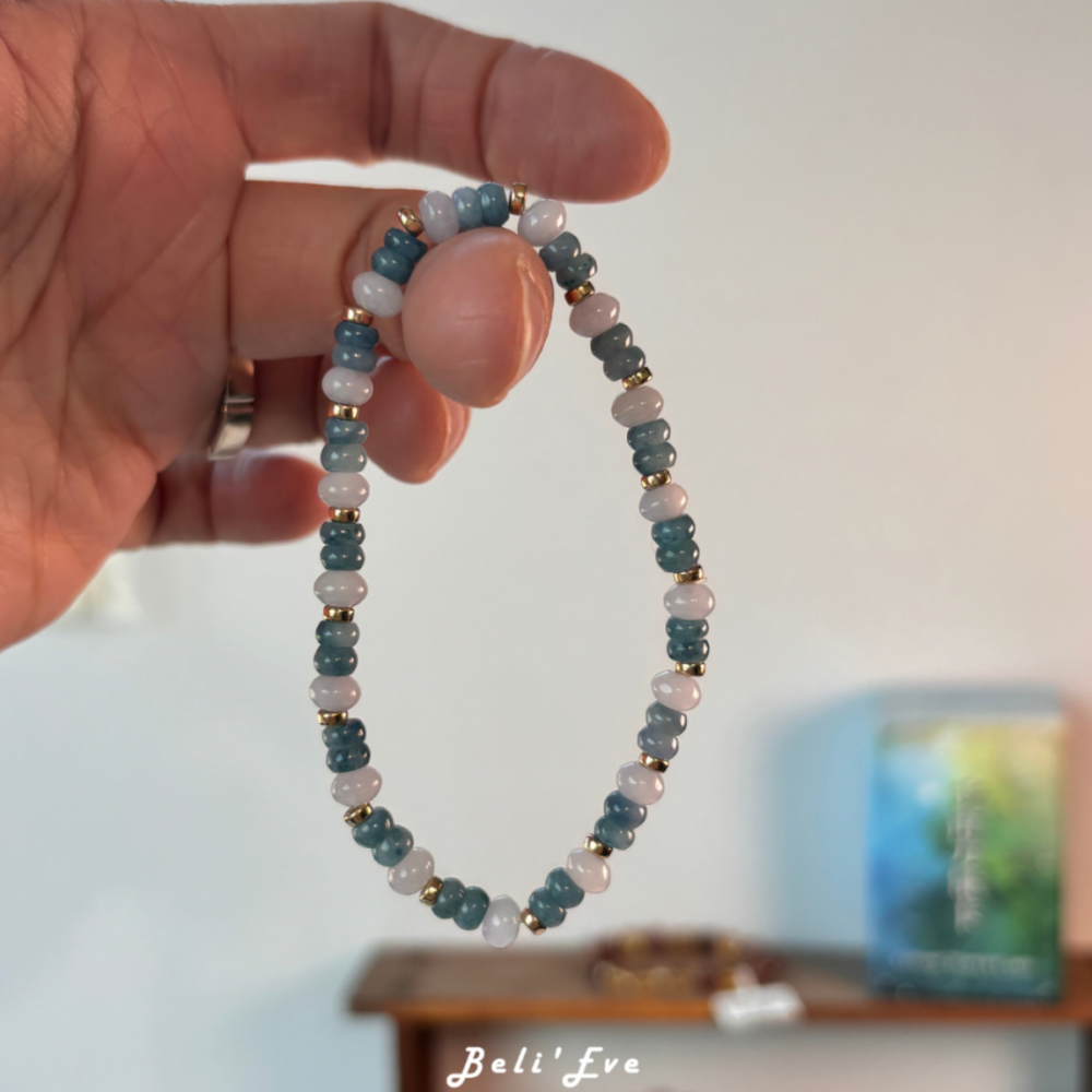 『牛仔藍翡翠』MAX級別 +粉紫翡翠 糯冰盤珠 緬甸產地 飄花翡翠 鈦/錳元素 美國注金