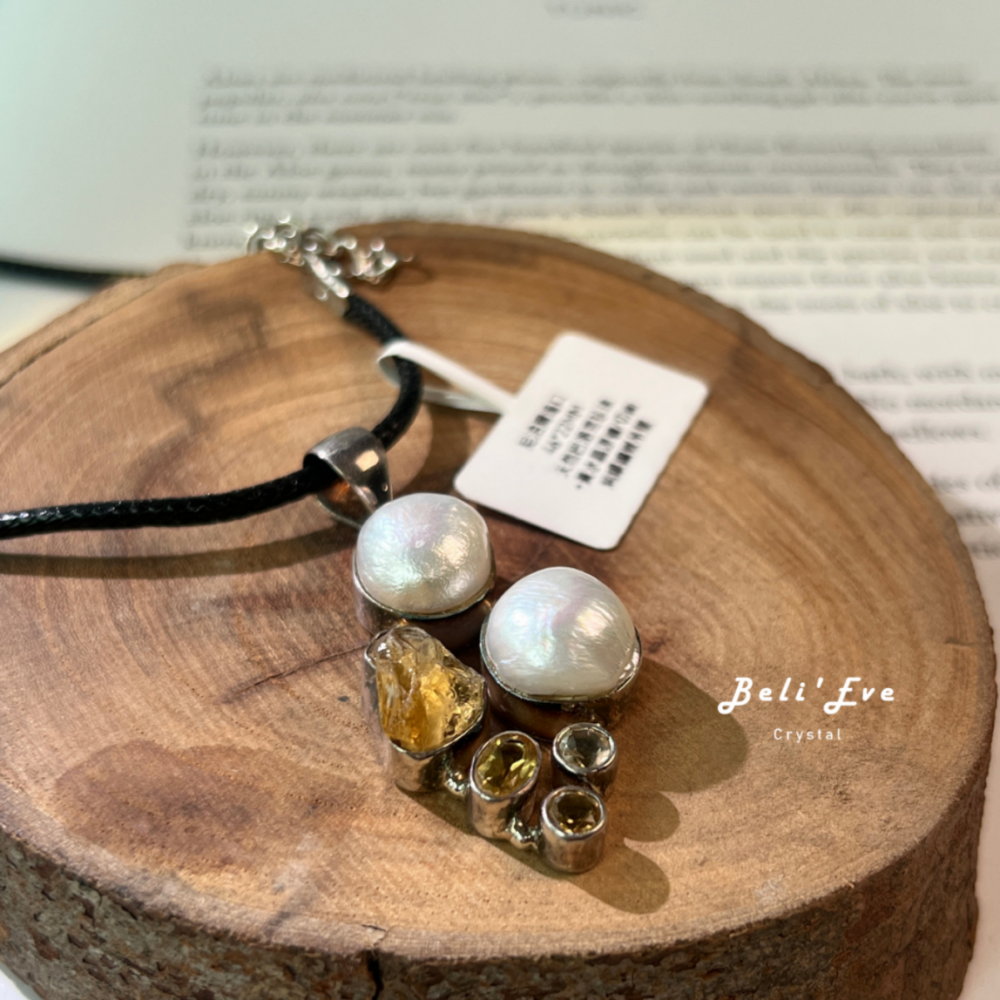 『尼泊爾進口』天然巴洛克珍珠+黃水晶原礦/切面  純銀鑲嵌吊墜 自信心、事業強化，招財
