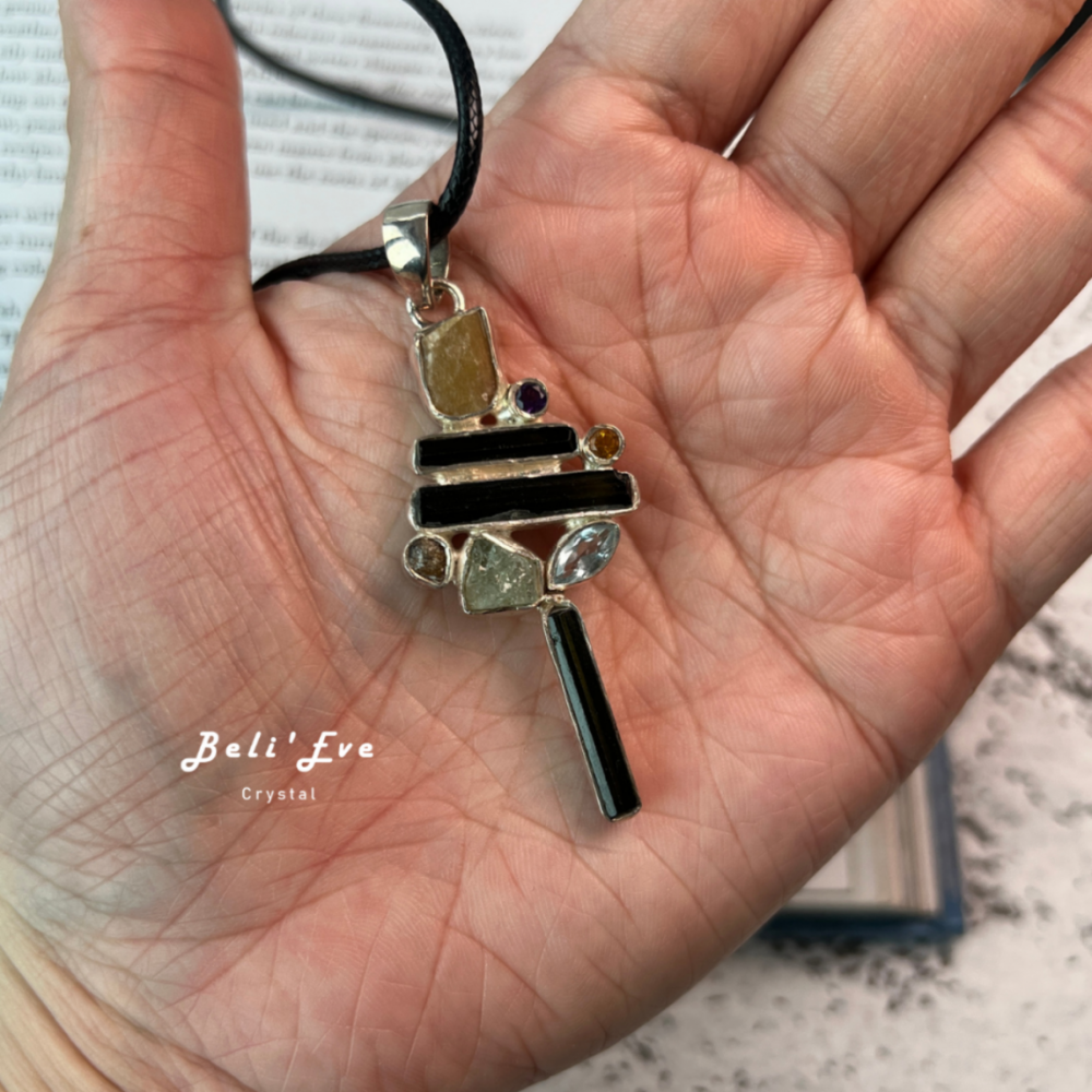 『尼泊爾進口』綠碧璽原礦+海藍寶水晶+碧璽切面  純銀鑲嵌吊墜 事業 溝通 健康 平安避邪