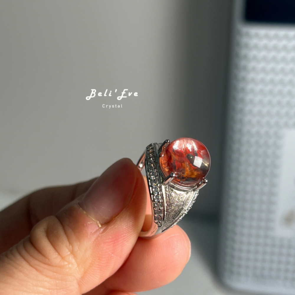 『精品金紅膠花』巴西雙色戒指 純銀可調節 避邪轉運 開運平安