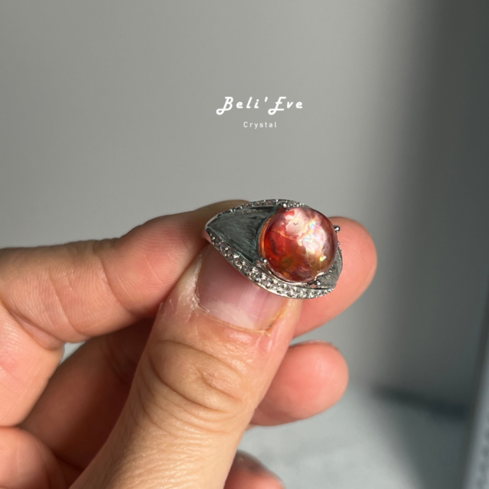 『精品金紅膠花』巴西雙色戒指 純銀可調節 避邪轉運 開運平安