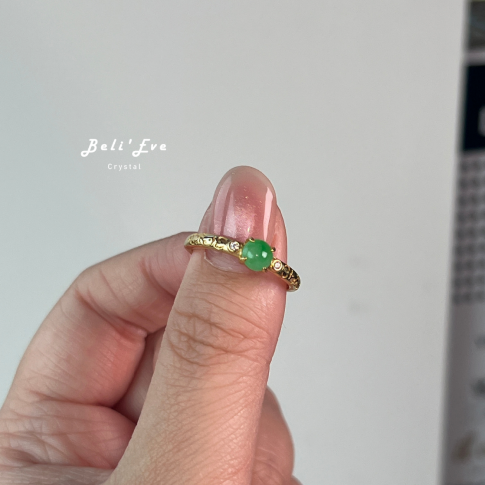 『重工鑲嵌』飄花翡翠戒指 可調節 如同黃金設計 緬甸飄花 鮮綠翡翠