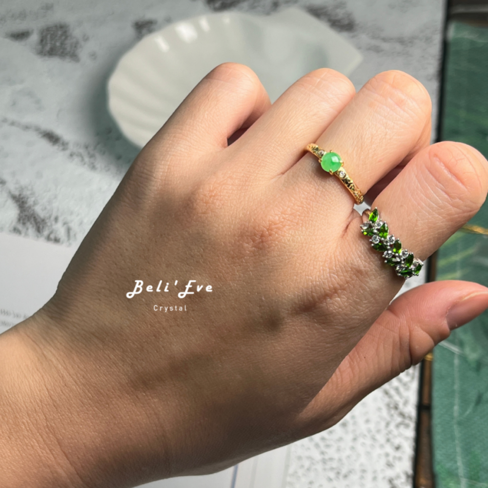 『重工鑲嵌』飄花翡翠戒指 可調節 如同黃金設計 緬甸飄花 鮮綠翡翠