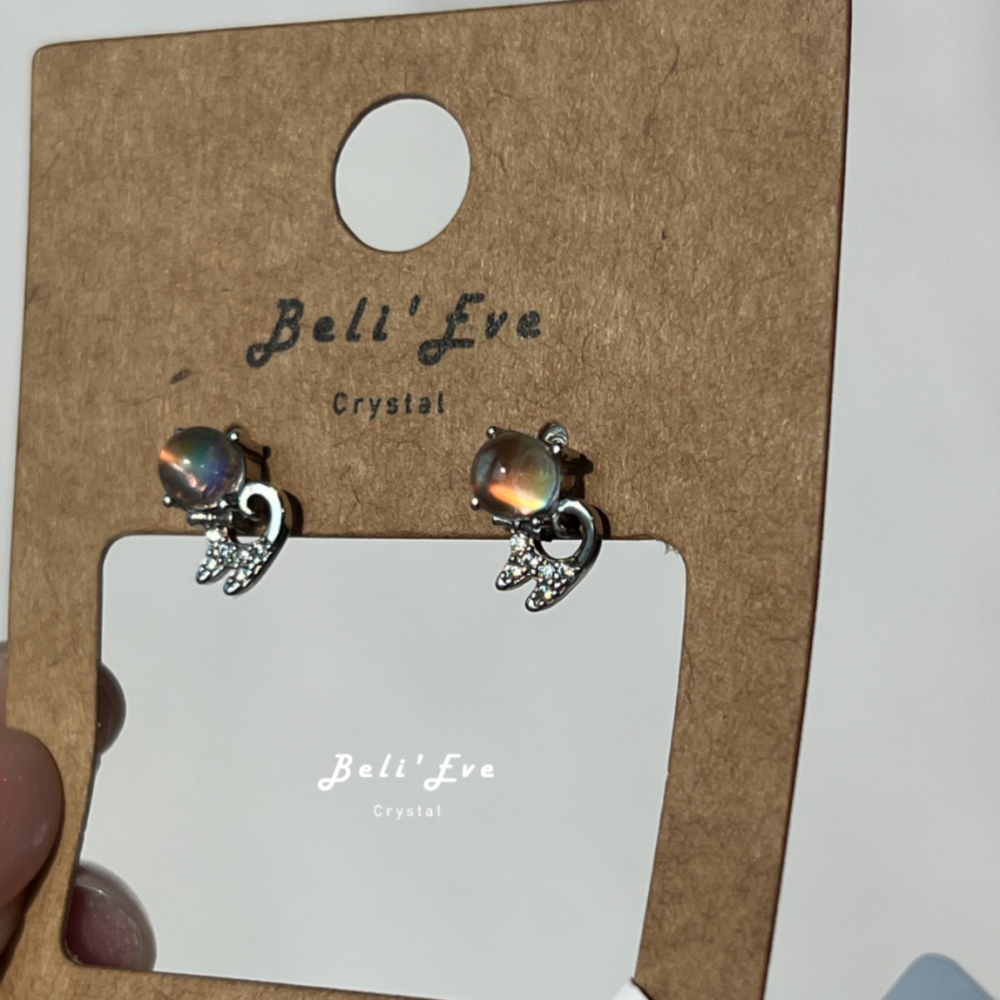 『貓咪造型』馬島月光石 彩光月光石 純銀耳環 4.5MM