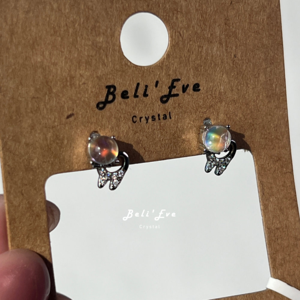 『貓咪造型』馬島月光石 彩光月光石 純銀耳環 4.5MM