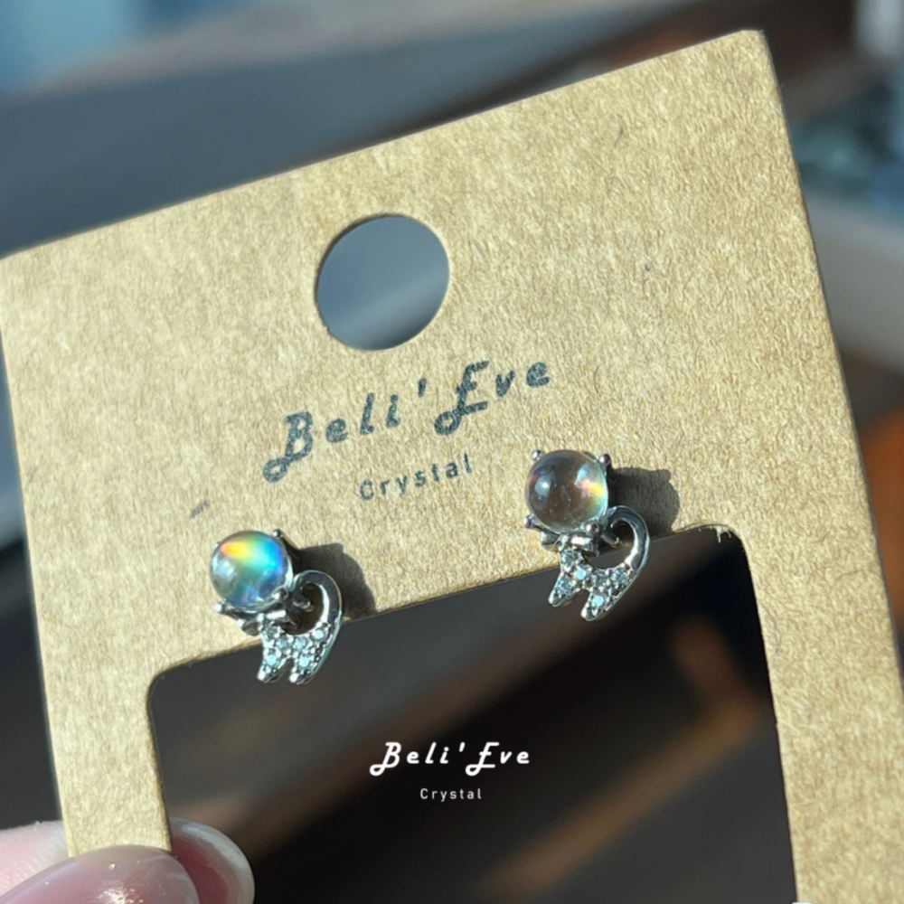 『貓咪造型』馬島月光石 彩光月光石 純銀耳環 4.5MM