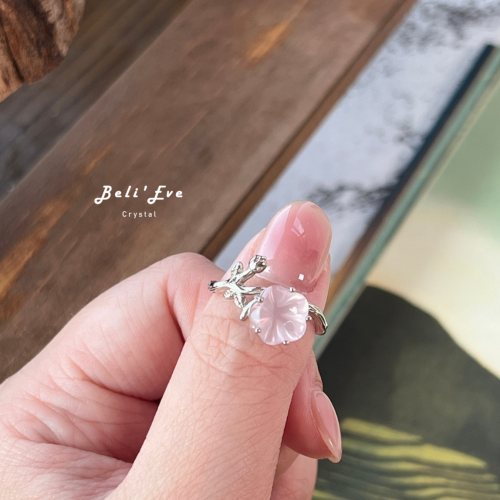 『純銀鑲嵌』粉晶戒指 梅花造型 桃花感情 重新相信被愛 可調節