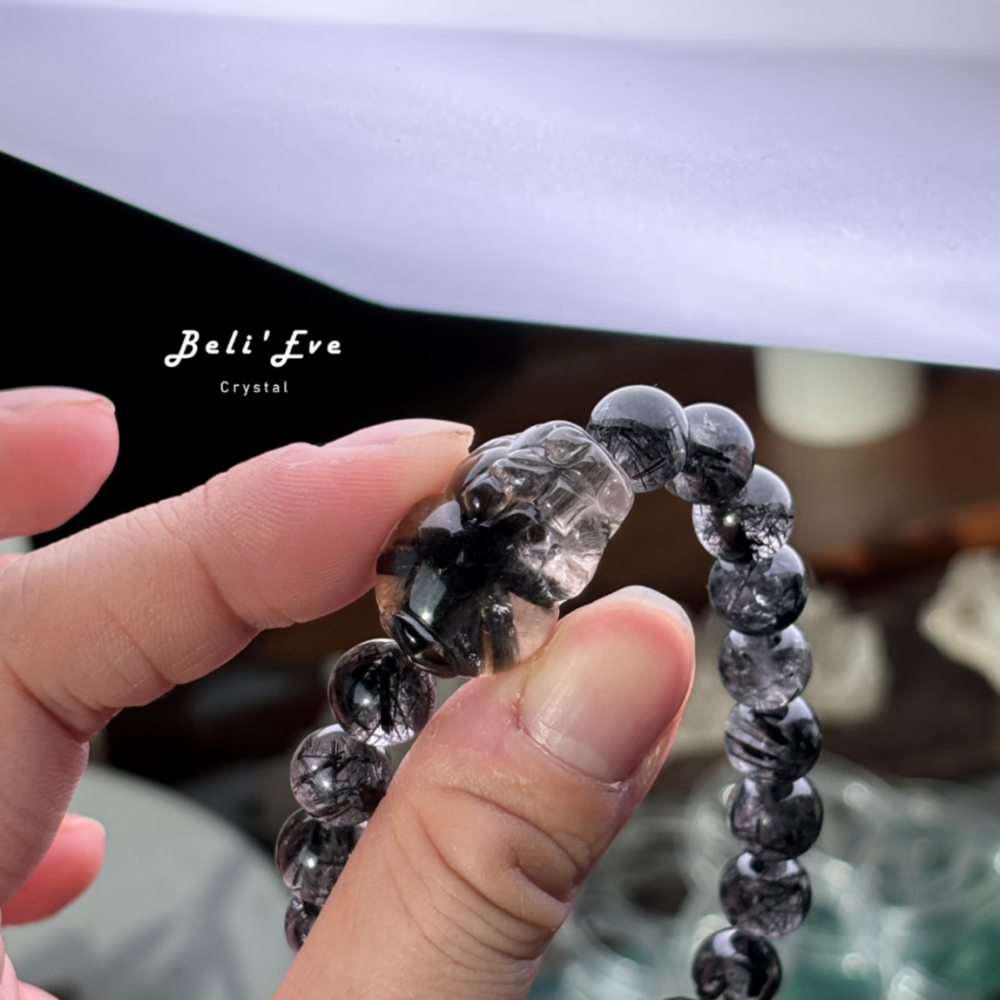 大顆黑銀鈦貔貅25MM+黑髮晶手串 小人退散 避邪平安 招財 超級領袖魅力 米字銀鈦晶花 - 複製