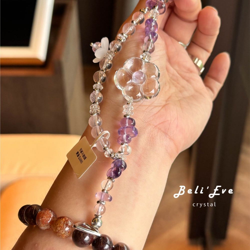 NEW!白水晶/紫水晶兩朵花花雕刻 戒面貼合 新設計 雙層手鍊 可拆 OT扣手鍊