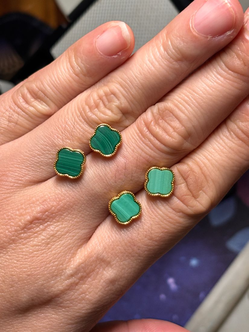 純銀重工鍍金幸運草孔雀耳環