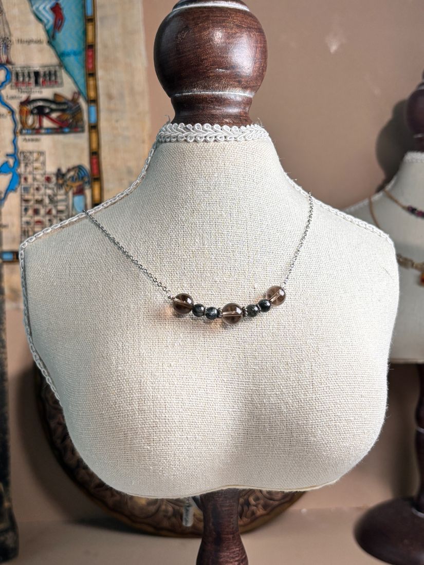 不銹鋼茶晶+沼澤藍晶石 設計微笑鍊 45+5CM