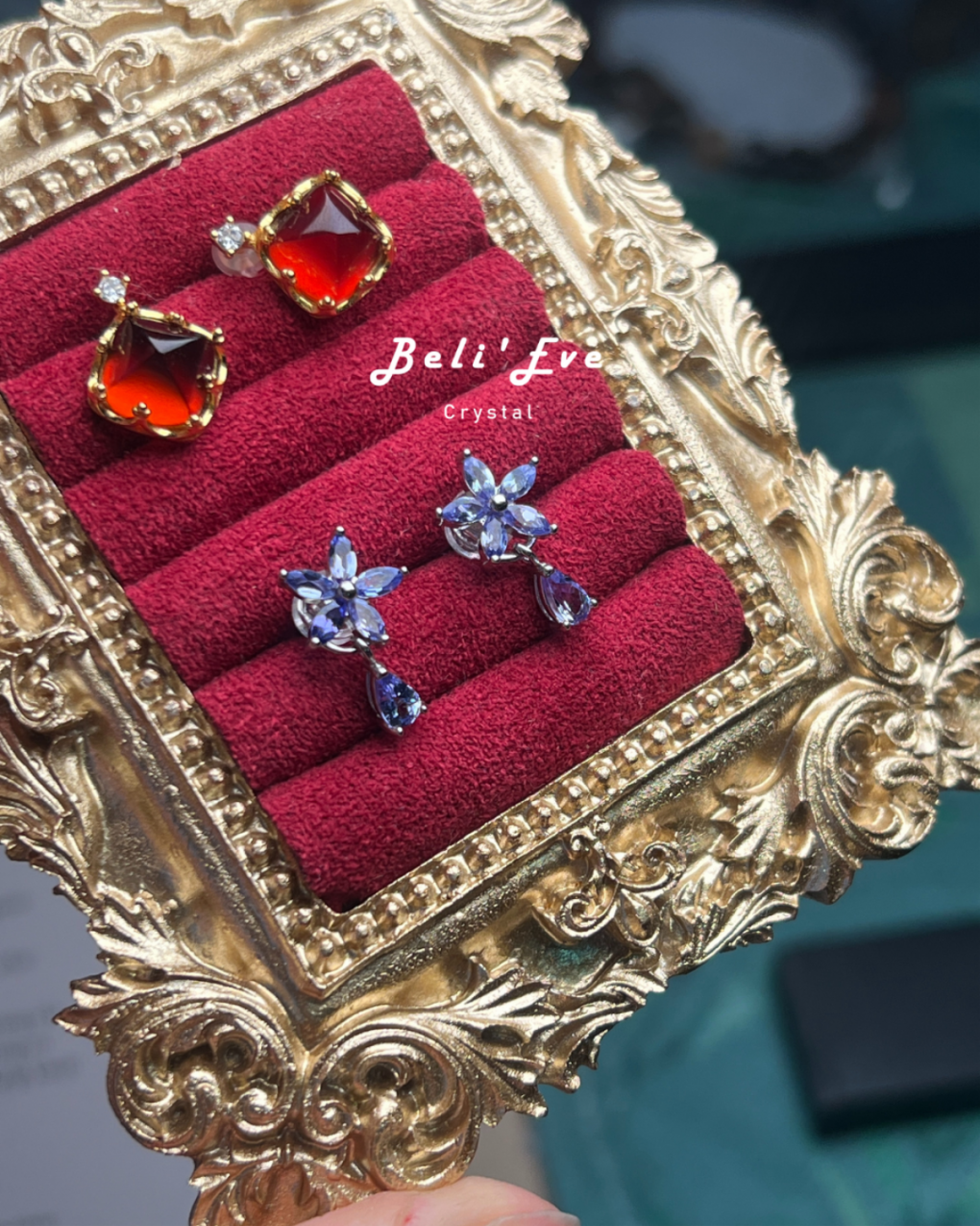 寶石鑲嵌 坦桑石耳環 花花造型 不銹鋼耳環