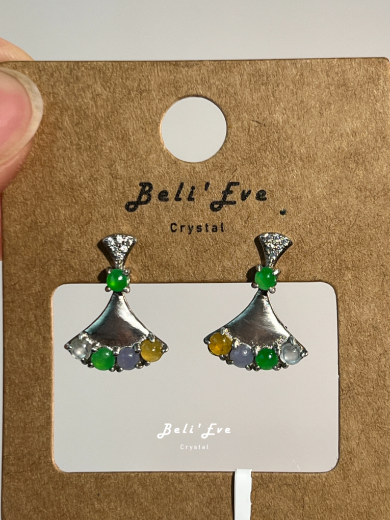 『四色翡翠』春彩純銀鑲嵌 高冰濃色純銀耳環  特惠 天然緬甸翡翠A貨 陽綠 黃 紫 白冰