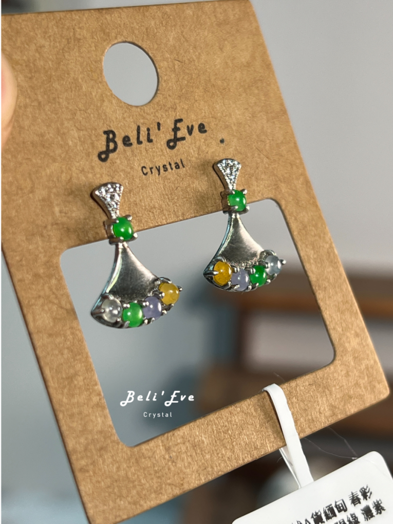 『四色翡翠』春彩純銀鑲嵌 高冰濃色純銀耳環  特惠 天然緬甸翡翠A貨 陽綠 黃 紫 白冰