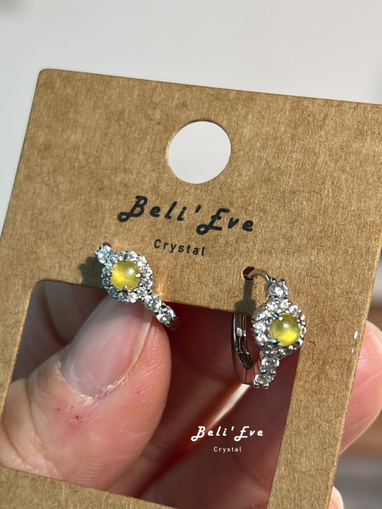 『冰黃翡翠』純銀鑲嵌耳環 天然緬甸翡翠A貨 冰黃 耳扣