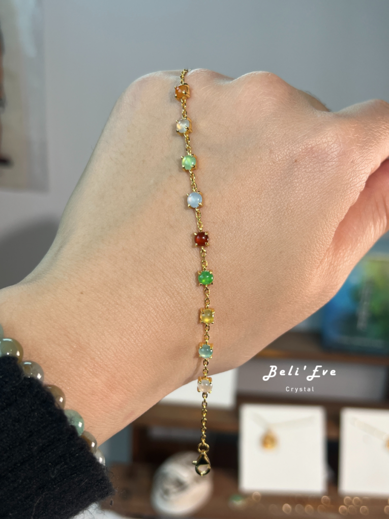 『緬甸翡翠』多色小蛋面5MM 天然翡翠手鍊 純銀鑲嵌 紫羅蘭 綠 白冰 冰黃 冰紅 值得珍藏