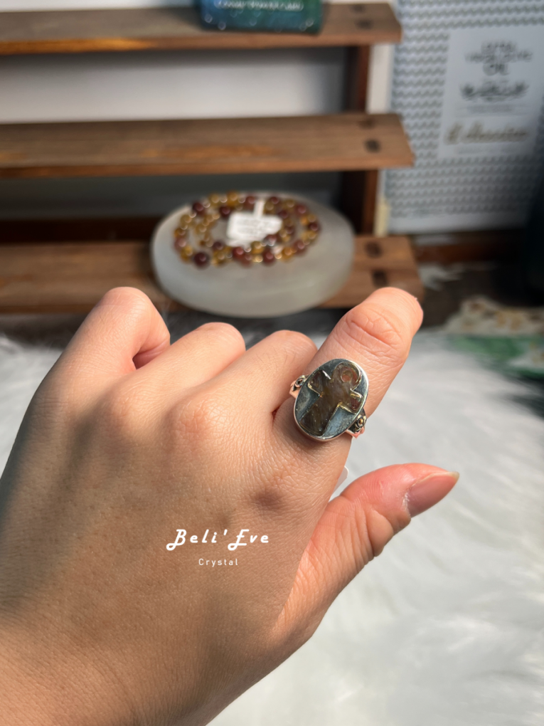 『重工設計』利比亞黃金隕石 黑金藍針安卡 純銀鑲嵌安卡 可調整戒指 