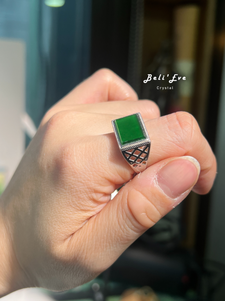 『可調戒指』緬甸翡翠 油青 純銀鑲嵌 一刀切厚實非薄款 男女戒