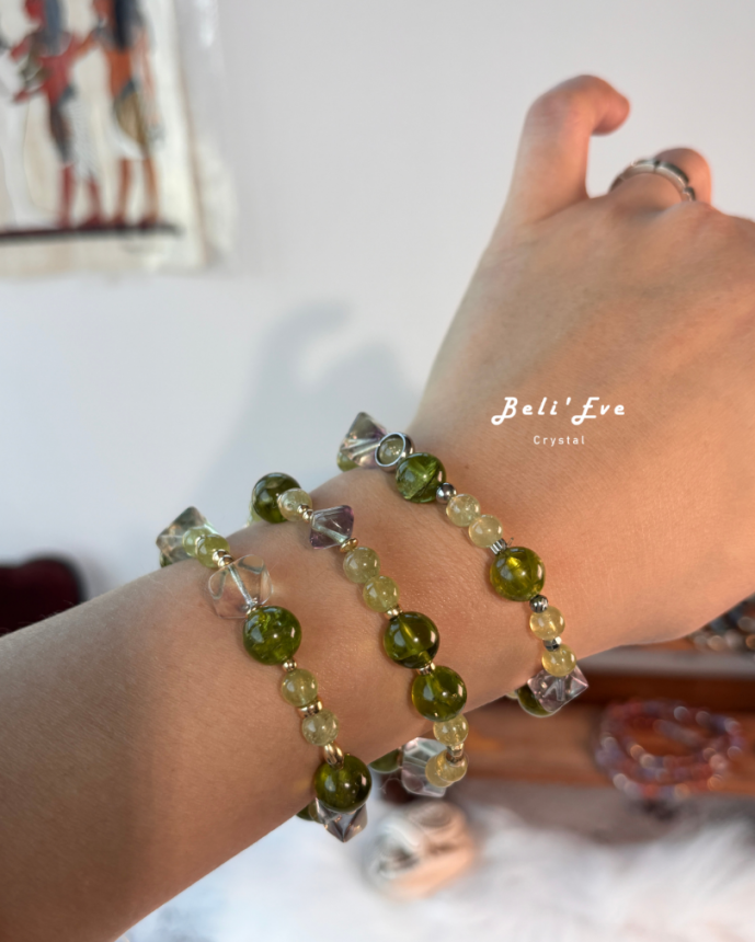 『三倍身體恢復』橄欖石+沙弗萊石榴石+原礦打磨螢石 體力恢復 學習加倍 健康寶石 6-9MM混搭設計