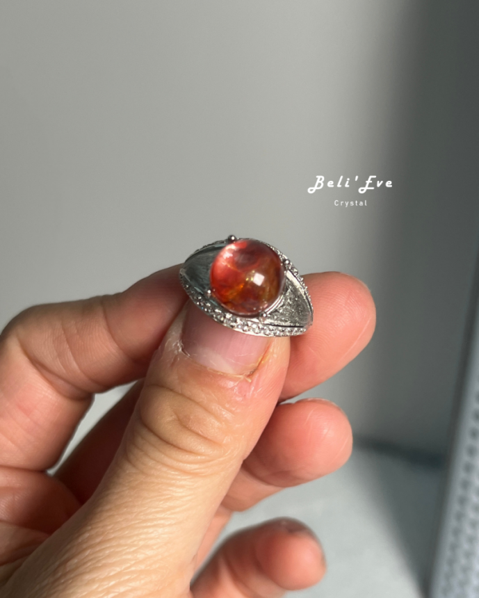 『精品金紅膠花』巴西雙色戒指 純銀可調節 避邪轉運 開運平安