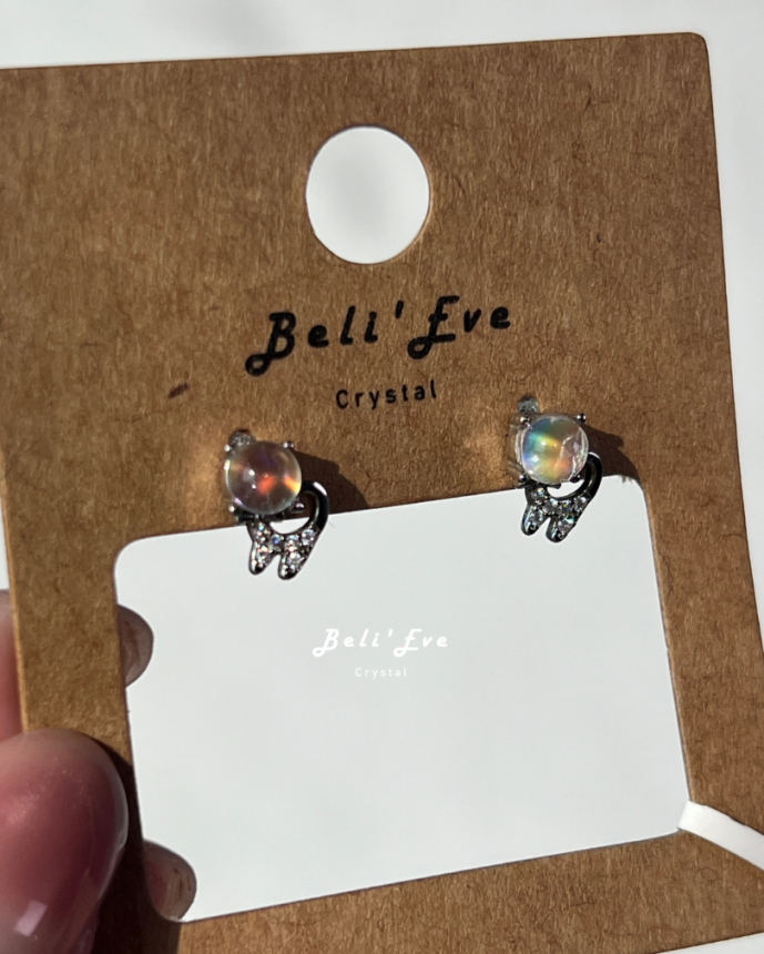 『貓咪造型』馬島月光石 彩光月光石 純銀耳環 4.5MM