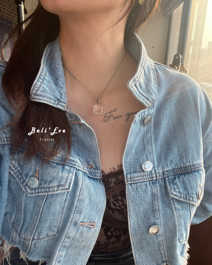 『純凈體』白水晶方塊純銀鑲嵌 吊墜 12-13MM一顆 隨意扣設計 附贈鍊子