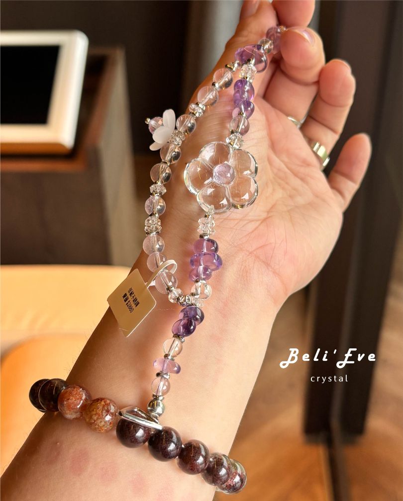 NEW!白水晶／紫水晶兩朵花花雕刻 戒面貼合 新設計 雙層手鍊 可拆 ＯＴ扣手鍊